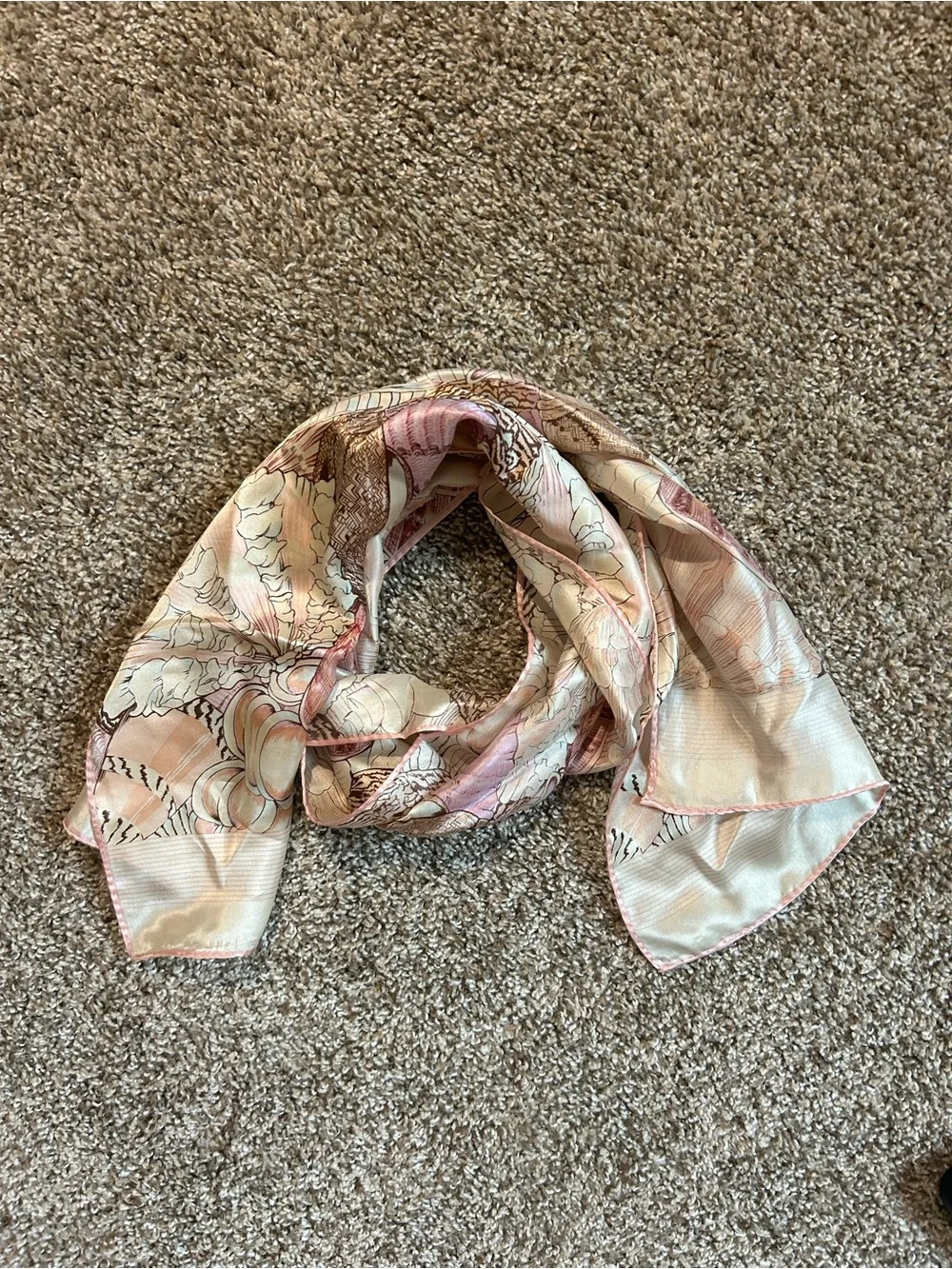 Vintage Cream and Pink Silk Seashell Scarf